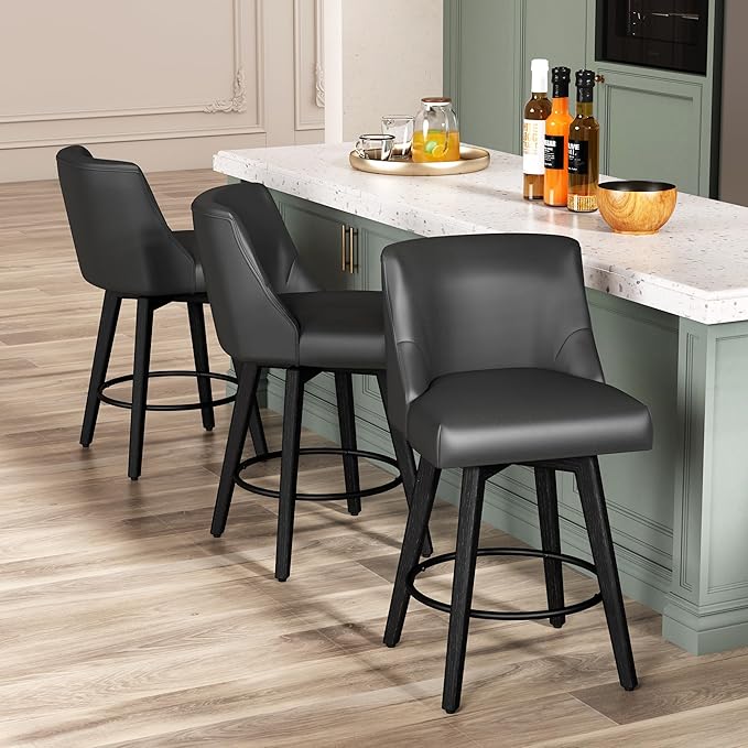 Counter Height Bar Stools Set of 3, Modern Swivel Barstools with Back and Wood Legs, Faux Leather Upholstered Bar Chairs, 26" H Kitchen Counter Stools, Kitchen Island Home Bar, Black Grey