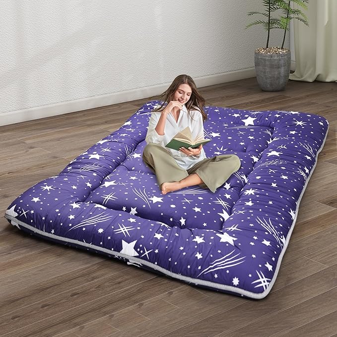 Japanese Floor Mattress,4" Thicken Japanese Floor Sleeping Pad Foldable,Futon Mattress Suitable for Camping and Guest Room (Blue, Twin (80" x 36"))