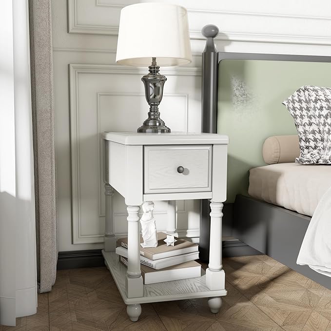 LEEMTORIG Solid Wood End Table Narrow Side Table with Drawer, Cherry Wood End Table Living Room, 13" W Slim Bedside Table Small Nightstand, 22" D x 22.7" H, No-Tools Assembly, Gray White BBJ-004-RW