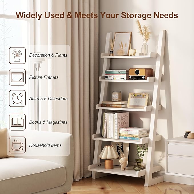 White Wooden Ladder Shelf with Edges, 5-Tier Modern Leaning Bookshelf Ladder – Stylish Space-Saving Bookcase for Living Room, Bedroom & Home Office