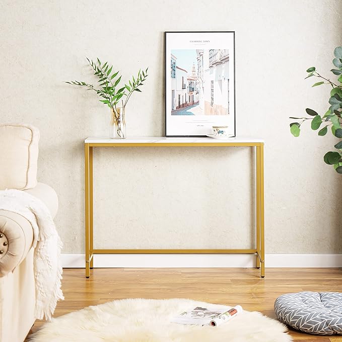 loglus Console Table for Entryway, Faux Marble MDF Sofa Table with Golden Frame (Single Layer, White Marble)