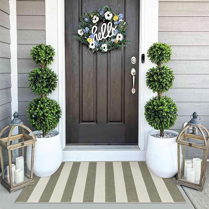 OJIA Striped Rug 24"x51" Washable Fall Front Door Mat Halloween Doormat Woven Entry Rug Cotton Indoor Outdoor Rug Small Checkered Rugs for Porch Kitchen Entryway Patio Bathroom (Green/White/Tan)