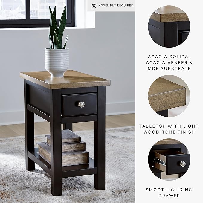 Signature Design by Ashley Drazmine Casual 1 Drawer Chair Side End Table with USB Charging Ports, 1 Lower Shelf and Power Cord, Light Brown & Black