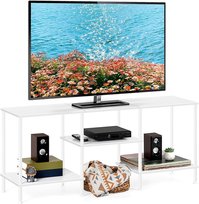 White TV Stand with Storage for 50 Inch TV Modern Entertainment Center with Open Storage Shelves 3 Tier Wood TV Console Table Media Cabinet for Living Room Bedroom Office