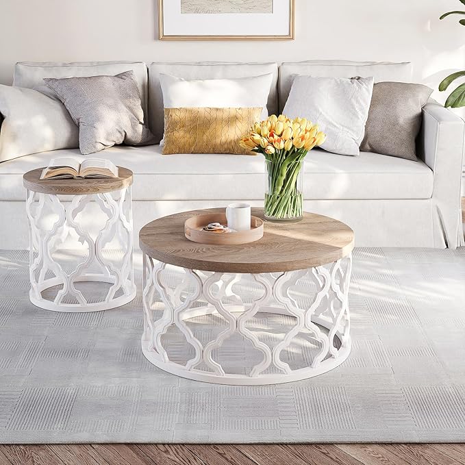 karlott Farmhouse Coffee Table, French Country Round Coffee Table, Coastal Coffee Table with Distressed Wood Top, Boho Coffee Table with Curved Motif Frame Base for Living Room, Dining Room, Bedroom