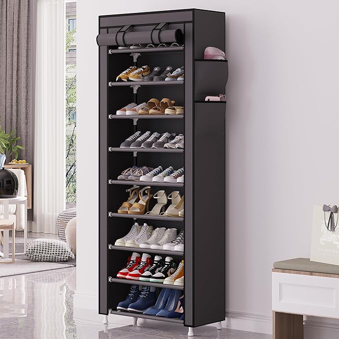 Calmootey 9 Tier Shoe Rack Organizer,Portable Shoe Shelf with Nonwoven Fabric Cover for Closet Hallway,Bedroom,Entryway,Grey