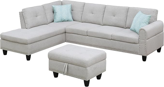 Ball & Cast 98" L Shaped Sectional Couch for Living Room with Chaise & Storage Ottoman,4 Seat Linen Upholstered Modular Sectional Sofa Set 3 PCS W/Cup Holder & Nailhead Trim,for Home,Office,Light Gray
