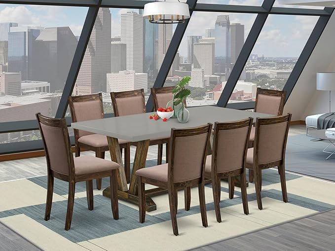 East West Furniture V797MZ748-9 9 Piece Modern Dining Table Set Includes a Rectangle Wooden Table with V-Legs and 8 Coffee Linen Fabric Parson Dining Chairs, 40x72 Inch, Multi-Color