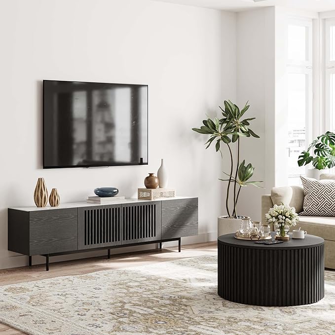 POVISON Mid Century Modern Sintered Stone TV Stand, Slatted Media Console TV Cabinet with Tall-cast Metal Legs, Fluted Entertainment Center with Storage, Fully-Assembled (Black, 70.87")