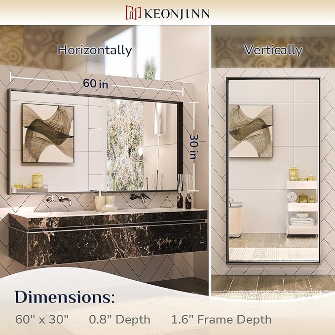 Keonjinn Black Bathroom Mirror 60 x 30 Inch, Large Matte Black Rectangular Wall Mirror for Bathroom Sink, Metal Frame Farmhouse Mirrors, Wall-Mounted Vaniy Mirrors(Horizontal/Vertical)