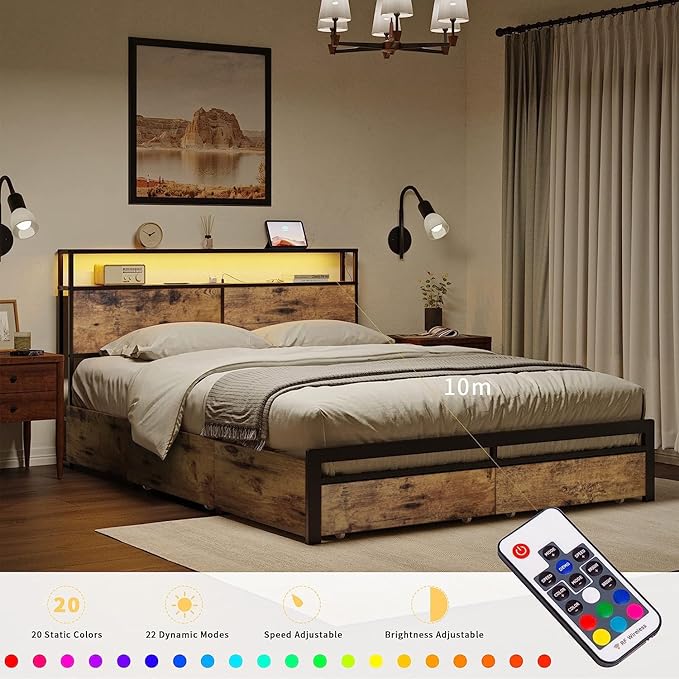 Queen Bed Frame with Storage Headboard and 4 Drawers LED Lights Metal Platform Non-Slip Without Noise Mattress Foundation Strong Metal Slats Support No Box Spring Needed