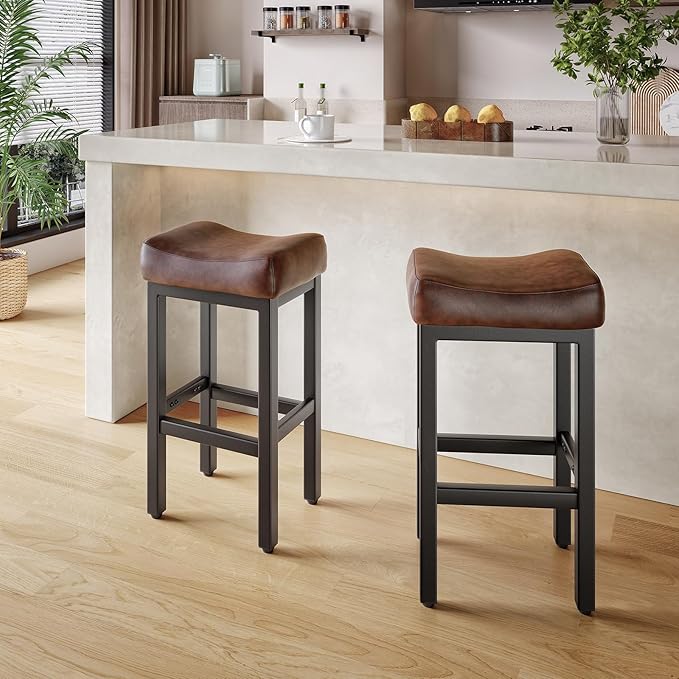 29 Inch Bar Height Bar Stools Set of 2, 29" Barstools for Kitchen Island Counter, Backless Bonded Leather Bar Height Stools with Thick Saddle Seats & Heavy Duty Metal Base, Easy Assembly, Brown/Black