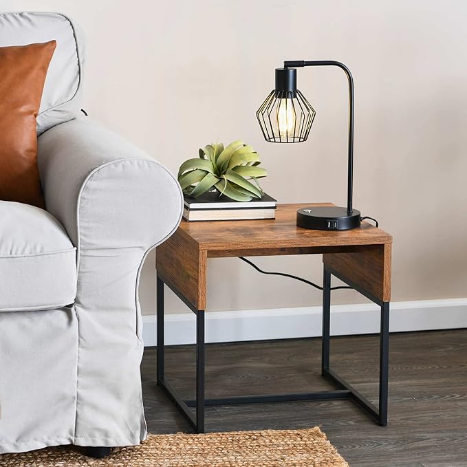 Household Essentials Wrap Square Side End Table Rustic Hickory Wood Grain and Black Metal