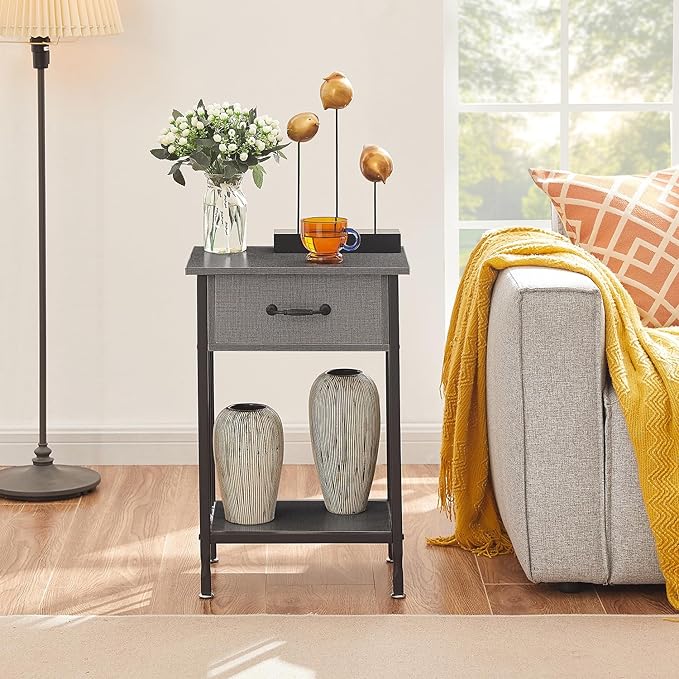 VECELO Nightstands, Industrial Side Table/End Tables with Drawer and Storage Shelf, Night Stands for Bedroom, Living Room, Wood Metal Furniture, Easy Assembly