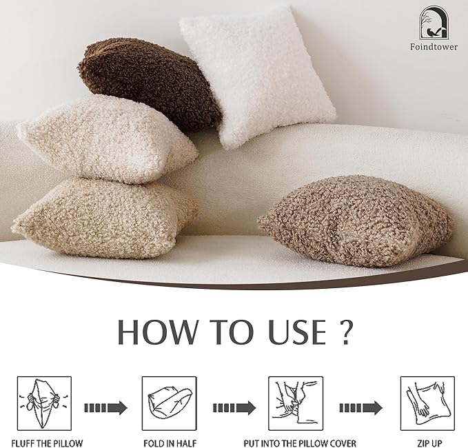 Foindtower 2 Pieces 16x16 Inch Light Khaki, Faux Fur Throw Pillow Cover Accent Sherpa Pillow Fuzzy Soft Pillowcases Sheepskin Decorative Fleece Cushion Case for Bed Couch Living Room