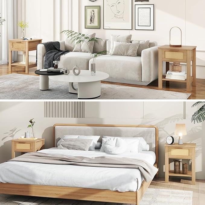 IBUYKE Rattan Nightstand, Boho Night Stand with Drawer, Wood Bedside Tables with Storage Shelf, End Table with Legs for Bedroom, Natural UWNS011N