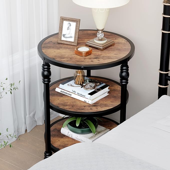 GarveeHome Round End Table with Storage Shelves, 3-Tier Round Farmhouse Side Table w/Mental Support Legs, Rustic End Table Accent Nighstands for Living Room Bedroom (B, Rustic Brown)