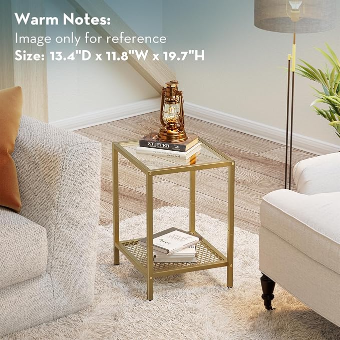 SAYGOER Glass Side Table Small Gold End Table for Narrow Space 2-Tier Square Nightstand with Storage,13.3" x 11.8" x 19.7",Modern Bed Side Table with Metal Frame for Bedroom Living Room, Easy Assembly