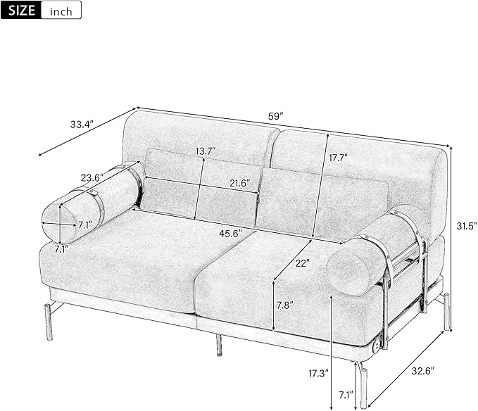 Modern Loveseat Sofa 59" Sofa Couch 2-Seater Sofa with Flexible USB Ports, Unique Cylindrical Armrests for Living Room, Green