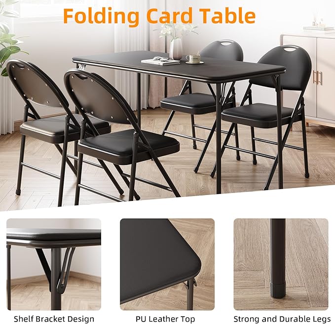IDEALHOUSE Protable Folding Table and Chairs, 5 Piece Folding Card Table and Chairs Set, Foldable PU Upholstered Table and Chairs Set of 5, for Dining Room, Living Room, Office, Camping, Black