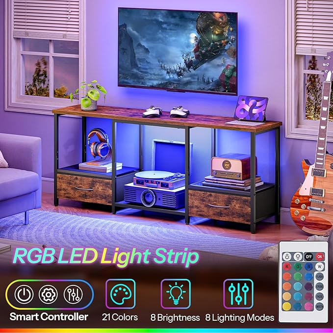 HOOBRO LED TV Stand with Storage, LED Entertainment Center with Open Shelves and Drawer, Fits TVs up to 55", Television Stand for Living Room, Bedroom, Rustic Brown and Black BF123DDS01