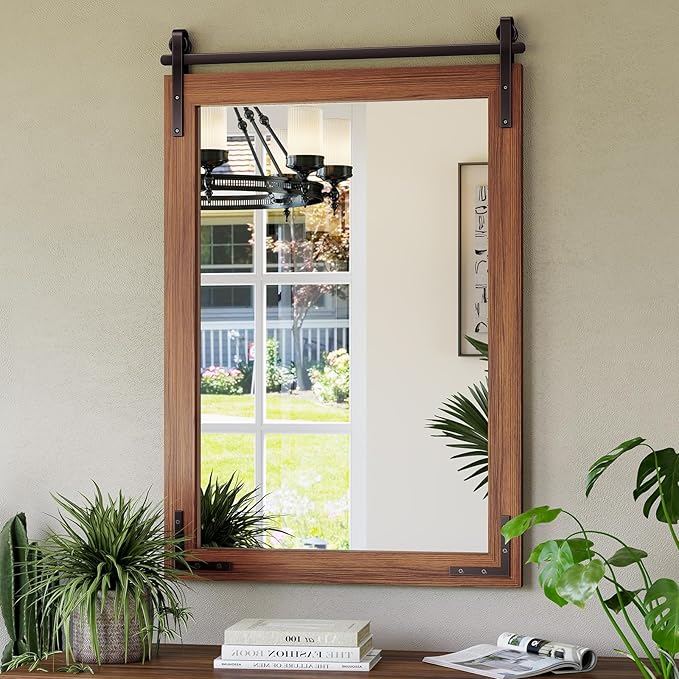 24x36 Inch Farmhouse Mirror for Bathroom, Brown Wood Framed Rustic Mirror, Rectangle Wall Decorative Mirrors for Entryway, Courtyard, Bedroom