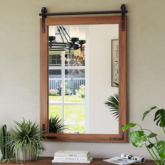 24x36 Inch Farmhouse Mirror for Bathroom, Brown Wood Framed Rustic Mirror, Rectangle Wall Decorative Mirrors for Entryway, Courtyard, Bedroom