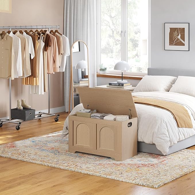 DINZI LVJ Storage Chest, 31.5”Wooden Toy Box with 2 Safety Hinges, Entryway Storage Bench with Flip-Top, Sturdy Storage Trunk for Living Room, Bedroom, Easy Assembly, Natural