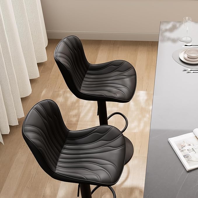 YOUNIKE 3 Black Bar Stools Modern Swivel Counter Height Bar Chair with Back Adjustable Kitchen Island Faux Leather Padded Barstools taburetes de bar Breakfast sillas para barra de cocina 3PCS