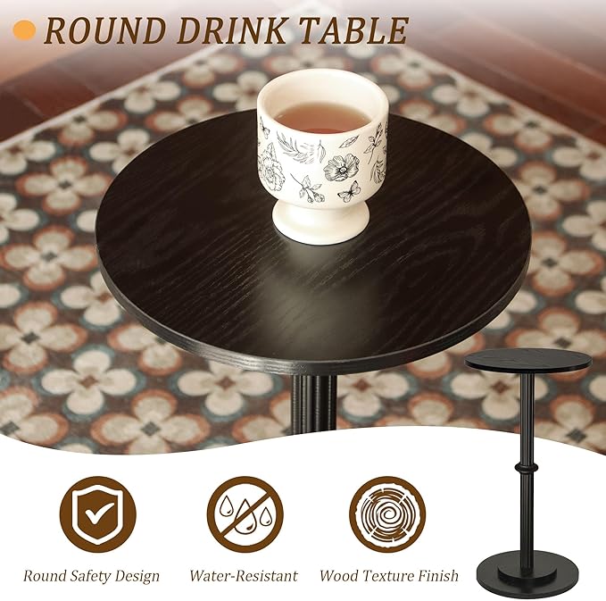 MaxSmeo Drink Table, Small Side Table for Small Spaces, Modern Round End Table with Fluted Wood Leg, Black