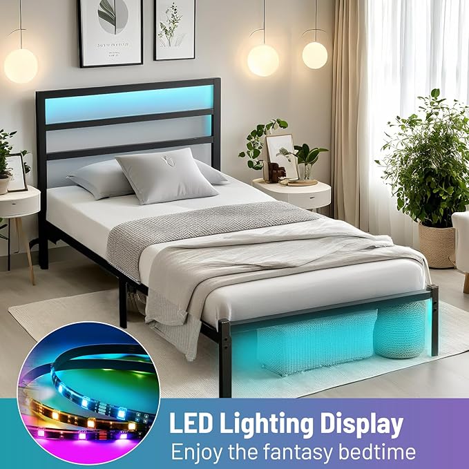 Twin Bed Frame with Headboard,Heavy Duty Steel Slats Support-LED Bed Frame with USB Charging Station,Mattress Foundation-Under Bed Storage,No Box Spring Needed,Noise Free，Black
