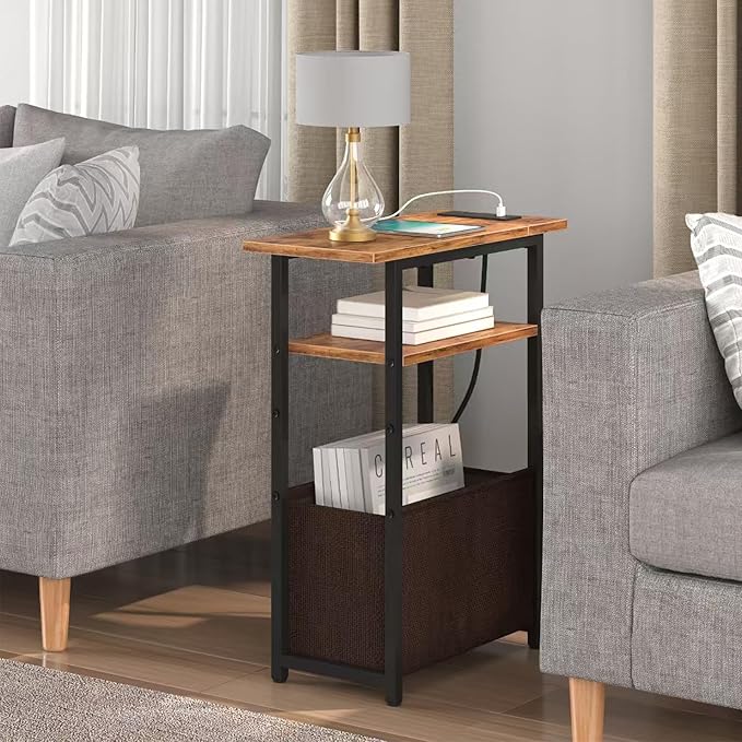 Narrow Side Table with Charging Station, Small End Table for Small Spaces, Skinny Nightstands with Storage Basket, 3 Tier Sofa Couch Bedside Tables for Living Room,Bedroom, Rustic Brown