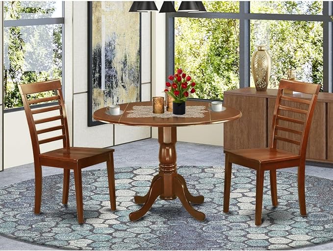East West Furniture DLML3-MAH-W 3 Piece Modern Dining Table Set Contains a Round Wooden Table with Dropleaf and 2 Kitchen Dining Chairs, 42x42 Inch, Mahogany