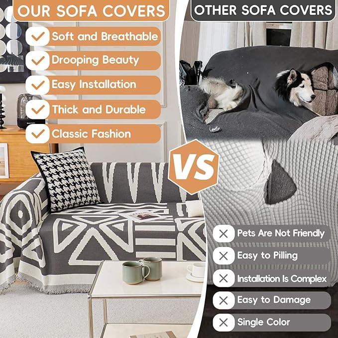 STACYPIK Thick Chenille Boho Sofa Cover Dark Grey Jacquard Geometric Sofa Cover for 1 Cushion Couch L Shape Cover Dog Sofa Protector Non Slip Pet Protector Covers Reversible Sofa Covers-71X71IN