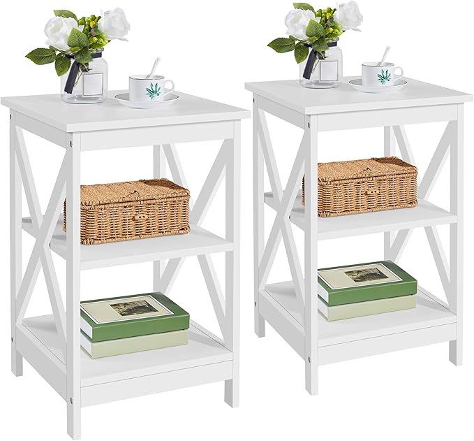 Yaheetech End Tables Set of 2, 3-Tier Side Tables with Storage for Living Room, Sturdy X Design Wooden Large Sofa Side Table Storage Cabinet with Shelves, 16x16x24’’(LxWxH), White