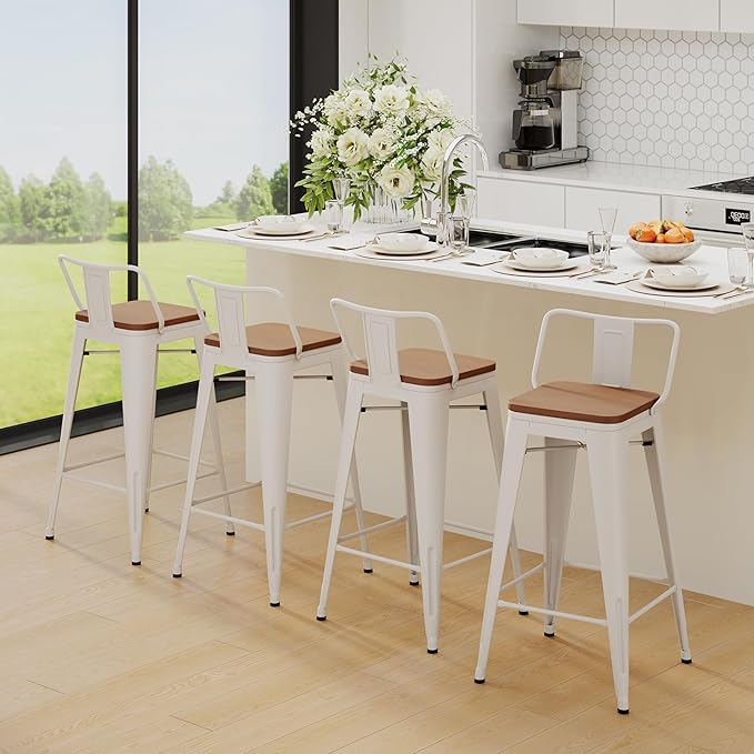 Yongchuang 26 inch Bar Stools Set of 2 Kitchen Counter Height Chairs with Wood Seat Industrial Low Back Metal Barstools Cream White