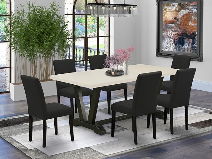 East West Furniture V627AB624-7 7 Piece Modern Dining Table Set Consist of a Rectangle Wooden Table with V-Legs and 6 Black Color Linen Fabric Parsons Dining Chairs, 40x72 Inch, Multi-Color
