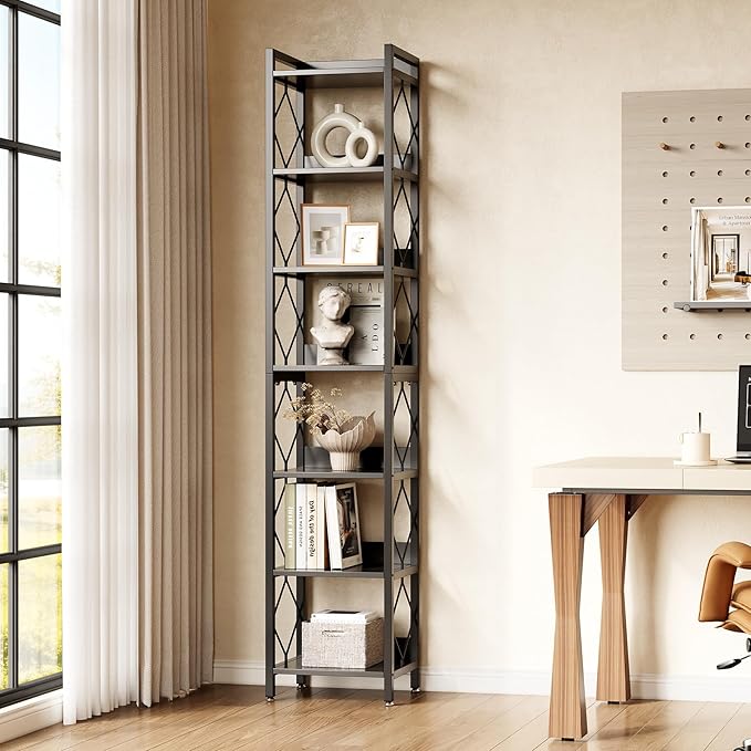LITTLE TREE Corner Book Shelf, 7-Tier Tall Bookcase, 78" Display Shelves with Sturdy Metal Frame for Living Room, Modern Narrow Standing Bookshelves, Black Office Shelf for Small Spaces, Bedroom