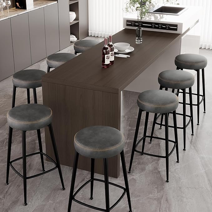 Counter Height Bar Stools, 26" H Backless Bar Stools Set of 8, Upholstered Faux Leather Kitchen Counter Stools, Mid Century Modern, Kitchen Island Home Bar, Pub, Black Grey