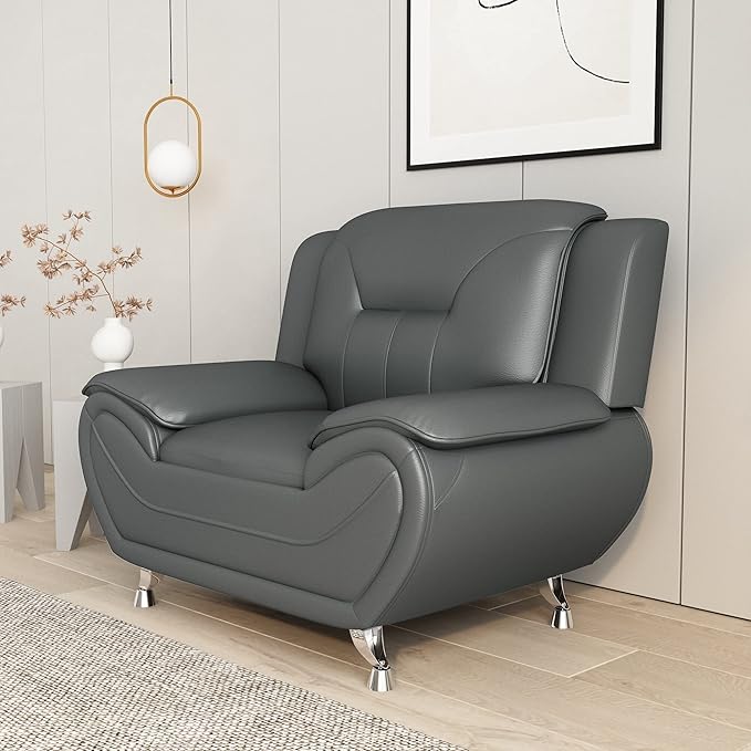 Container Furniture Direct Michael Modern Faux Leather Upholstered Stainless Steel Legs Living Room Sofa, Chair, Gray