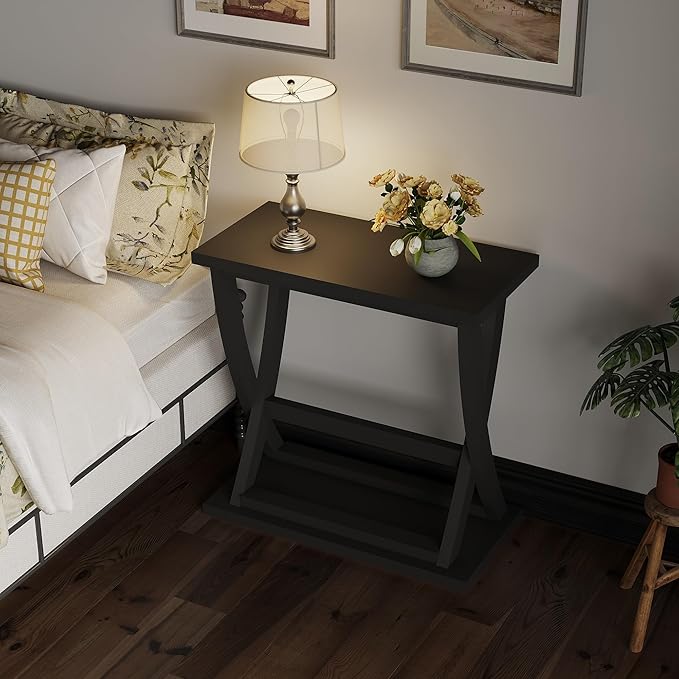 ChooChoo Black End Table, Narrow Side Table with Storage Shelf, Modern X-Design Slim End Table for Living Room,Bedroom, Small Space, 11.8" D*23.6" W*23.4" D