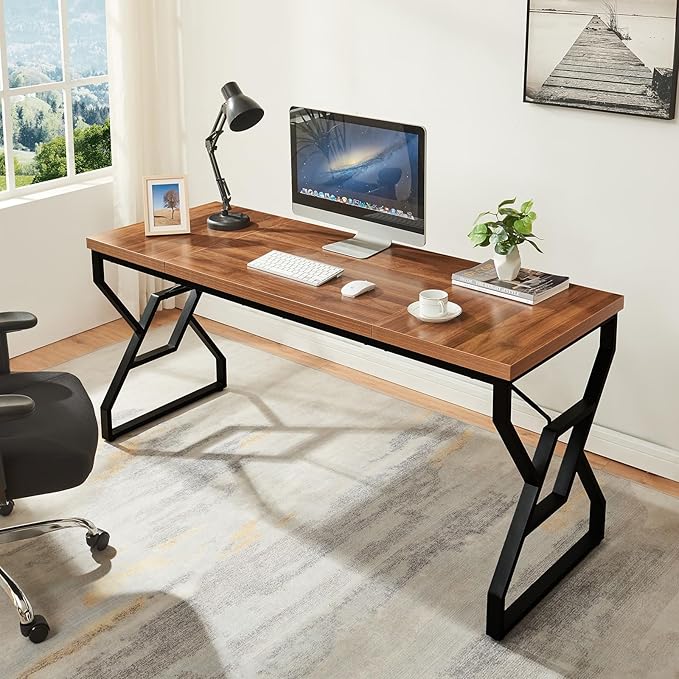 HOMISSUE 63-inch Executive Desk, Large Home Office Desk with Engineered Wood Tabletop and Metal Frame, Rustic Workstation Desks with Sturdy Structure, Long Computer Desks for Home Office, Writing