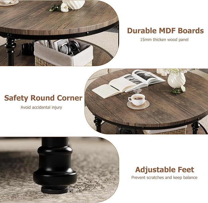 34.25in Round Wood Coffee Table,2-Tier Small Coffee Table with Storage Shelf Modern Design Home Furniture for Living Room, Apartment，Light Walnut