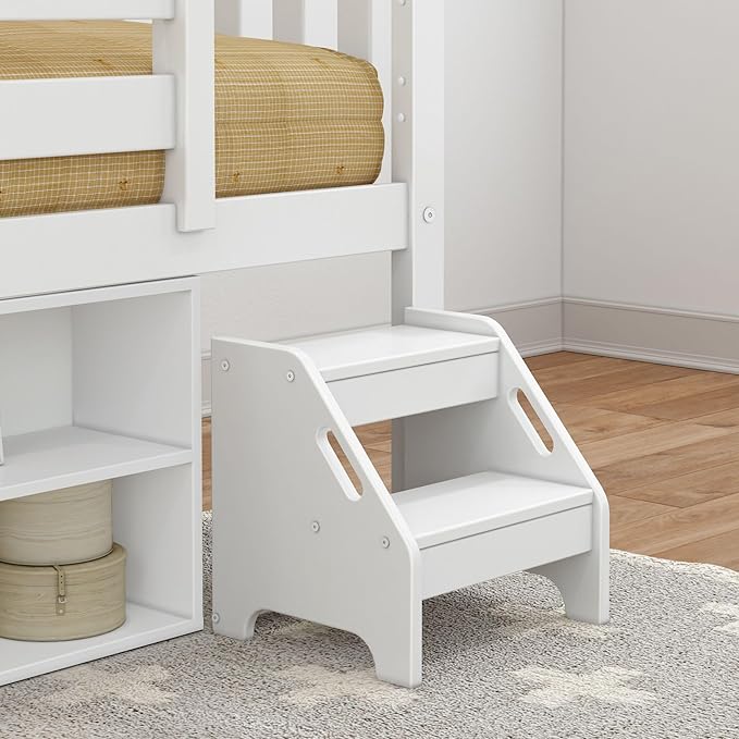 Max & Lily Soren Ultra Low Loft Bed, Twin Bed Frame for Kids with Bookcase, White