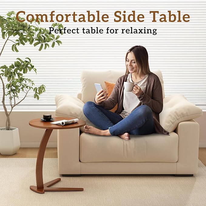 Wood Round Side Table: 17 '' Modern C Shaped End Table Nightstand with Natural Solid Wood, Small Bedside Table for Living Room, Bedroom, Farmhouse, Small Spaces (Large)
