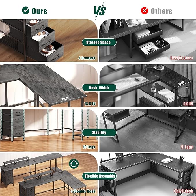 59 inch L Shaped Computer Desk with Power Outlets, Home Office Desk with 4 Adjustable Storage Drawers & 2 Monitor Stands, Two Person Gaming Table for Bedroom, Grey