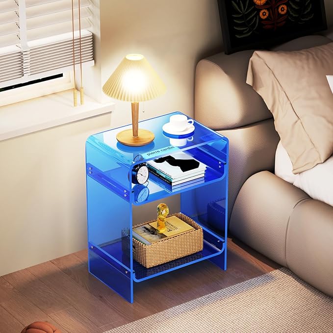 Acrylic Record Player Table with Storage Shelf, Clear Side Table Nightstand (Blue)