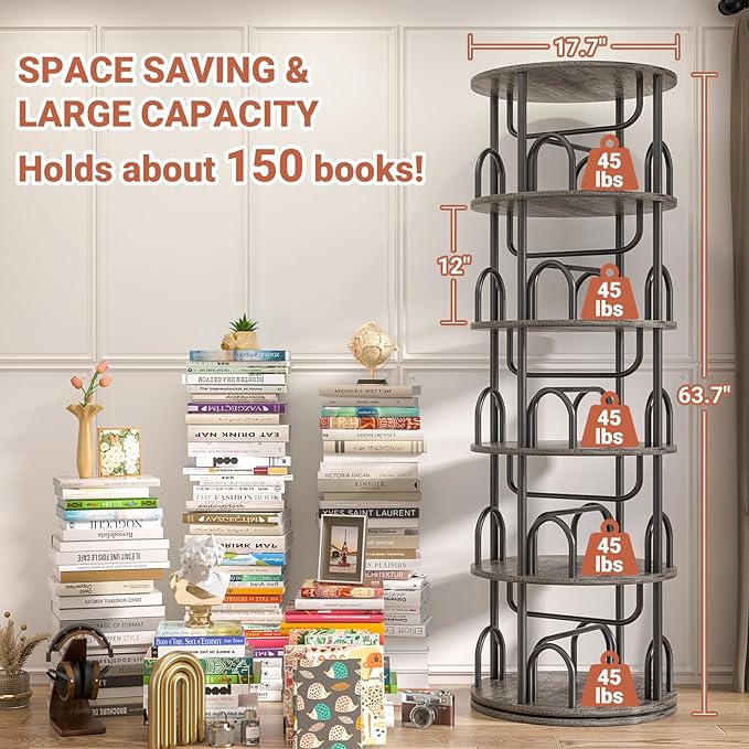 Aheaplus 5 Tier Rotating Bookshelf Tower, 360 Display Spinning Bookcase, Revolving Round Book Shelf Narrow Swivel Bookshelf, Vertical Turning Corner Book Organizer for Small Space, Black Oak