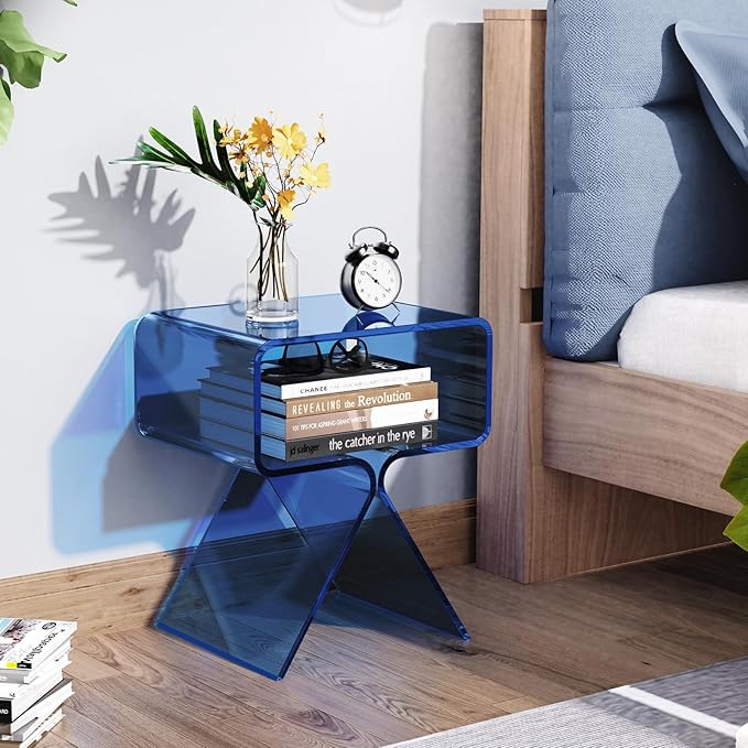 Acrylic Nightstand Side Table Modern Design Clear Home Decor Display End Table for Living Room (Blue)