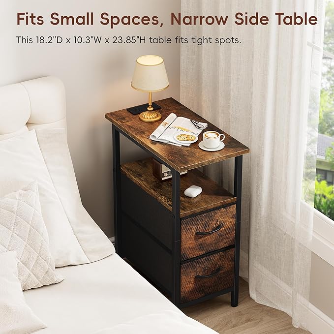 Vagusicc End Table with Charging Station, Narrow Side Table, 23.8'' Tall Nightstand with 2 Fabric Drawers, Small Sofa Side Table Narrow Nightstand for Small Spaces, Living Room, Bedroom, Rustic Brown
